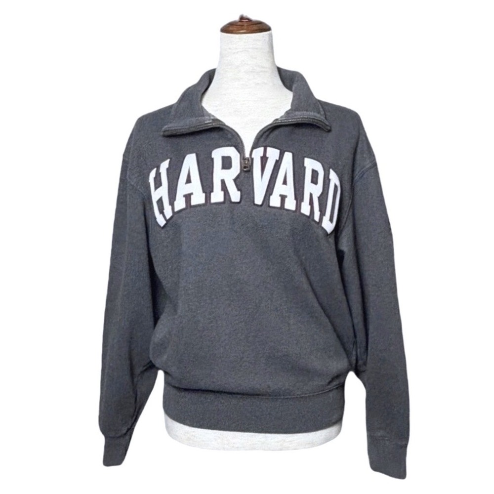 HARVARD University 1/4 Zip Sweatshirt SZ S Embroidered Patch Gray Crimsn Preppy